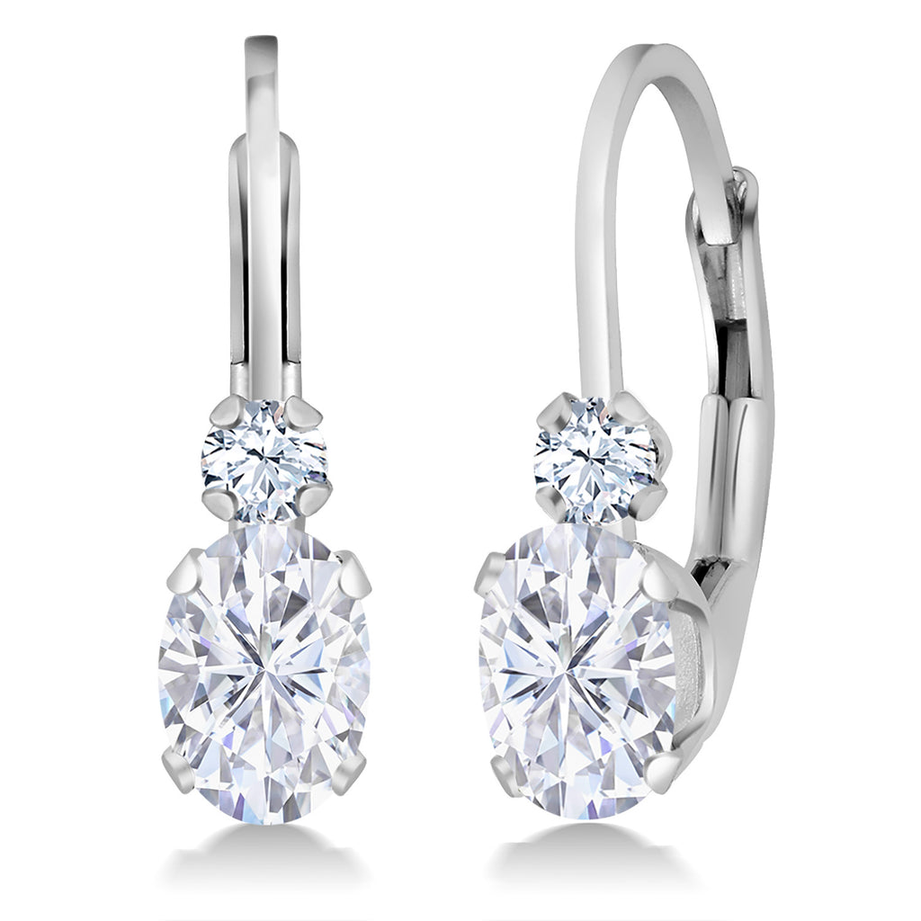 Gem Stone King 14K White Gold Oval Gemstone Birthstone Leverback Earrings For Women | White Created Sapphire Accents | 3/4 Inch | Fine Jewelry Gifts for Mom Wife Her