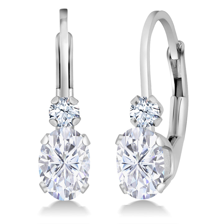 Gem Stone King 14K White Gold Oval Gemstone Birthstone Leverback Earrings For Women | White Created Sapphire Accents | 3/4 Inch | Fine Jewelry Gifts for Mom Wife Her