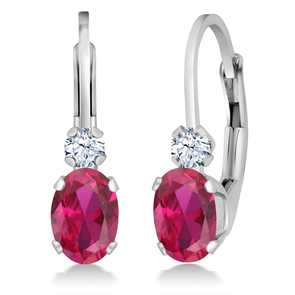 Gem Stone King 14K White Gold Oval Gemstone Birthstone Leverback Earrings For Women | White Created Sapphire Accents | 3/4 Inch | Fine Jewelry Gifts for Mom Wife Her