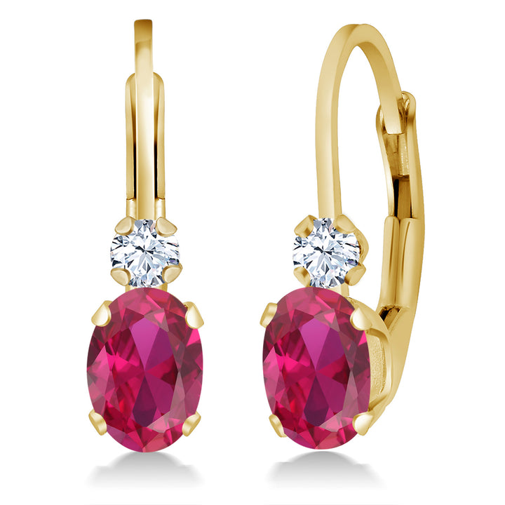 Gem Stone King 14K Yellow Gold Oval Gemstone Birthstone Leverback Earrings for Women | White Created Sapphire Accents | 3/4 Inch | Fine Jewelry Gifts for Mom Wife Her