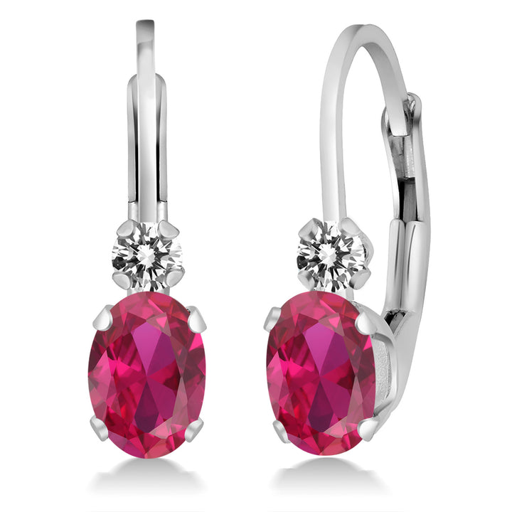 14K White Gold Red Created Ruby and White Diamond Leverback Earrings For Women | 1.07 Cttw | Gemstone July Birthstone | Oval 6X4MM, Round 2MM | 3/4 Inch