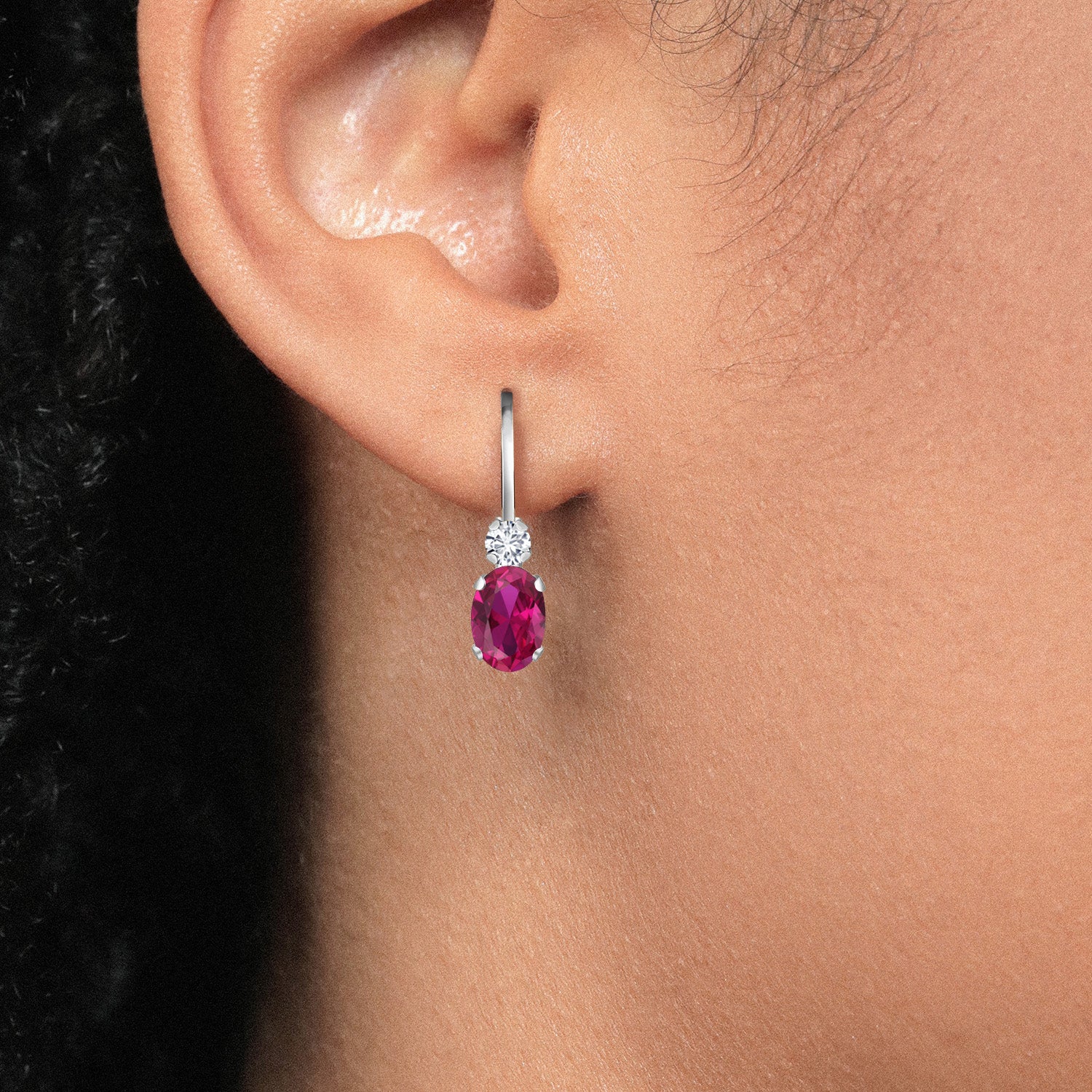 14K White Gold Red Created Ruby and White Diamond Leverback Earrings For Women | 1.07 Cttw | Gemstone July Birthstone | Oval 6X4MM, Round 2MM | 3/4 Inch