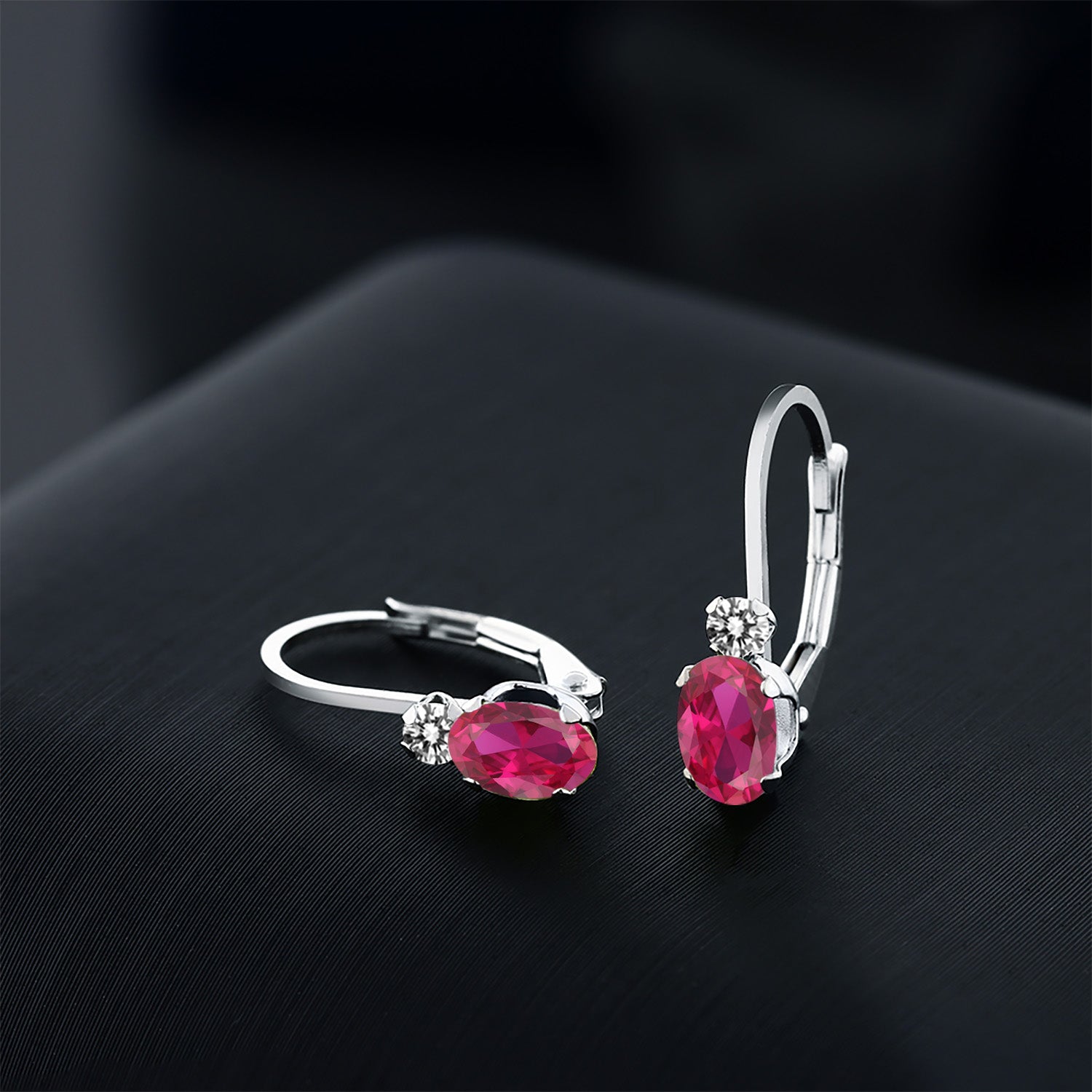 14K White Gold Red Created Ruby and White Diamond Leverback Earrings For Women | 1.07 Cttw | Gemstone July Birthstone | Oval 6X4MM, Round 2MM | 3/4 Inch