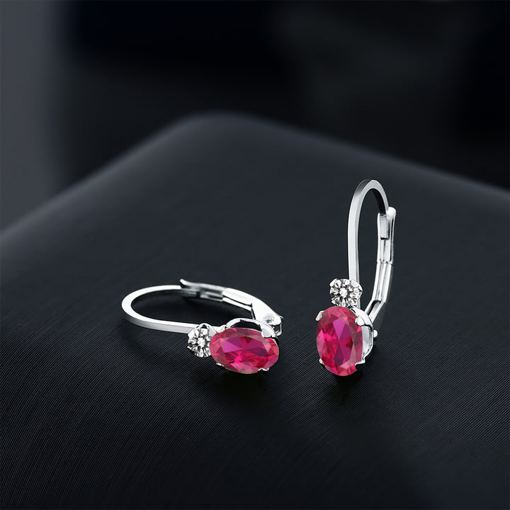 14K White Gold Red Created Ruby and White Diamond Leverback Earrings For Women | 1.07 Cttw | Gemstone July Birthstone | Oval 6X4MM, Round 2MM | 3/4 Inch