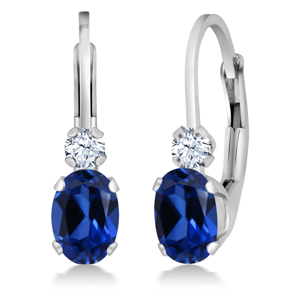 Gem Stone King 14K White Gold Oval Gemstone Birthstone Leverback Earrings For Women | White Created Sapphire Accents | 3/4 Inch | Fine Jewelry Gifts for Mom Wife Her