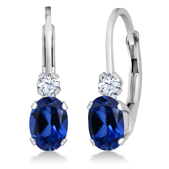 Gem Stone King 14K White Gold Oval Gemstone Birthstone Leverback Earrings For Women | White Created Sapphire Accents | 3/4 Inch | Fine Jewelry Gifts for Mom Wife Her