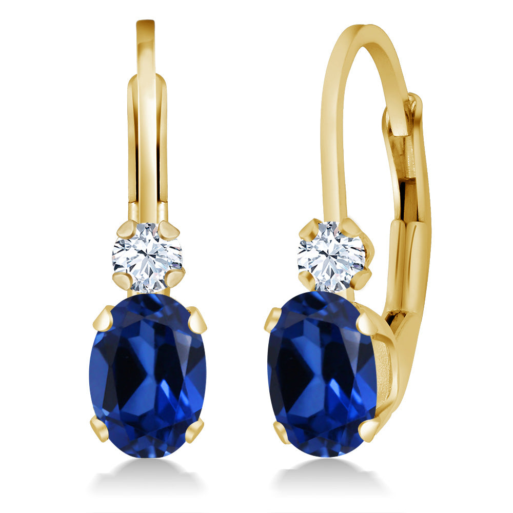 Gem Stone King 14K Yellow Gold Oval Gemstone Birthstone Leverback Earrings for Women | White Created Sapphire Accents | 3/4 Inch | Fine Jewelry Gifts for Mom Wife Her