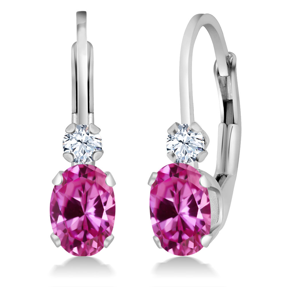 Gem Stone King 14K White Gold Oval Gemstone Birthstone Leverback Earrings For Women | White Created Sapphire Accents | 3/4 Inch | Fine Jewelry Gifts for Mom Wife Her