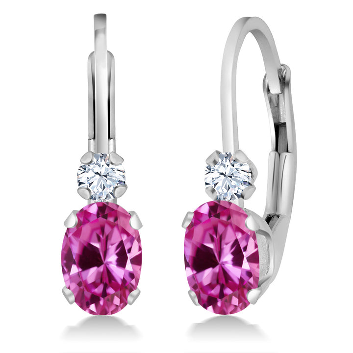 Gem Stone King 14K White Gold Oval Gemstone Birthstone Leverback Earrings For Women | White Created Sapphire Accents | 3/4 Inch | Fine Jewelry Gifts for Mom Wife Her