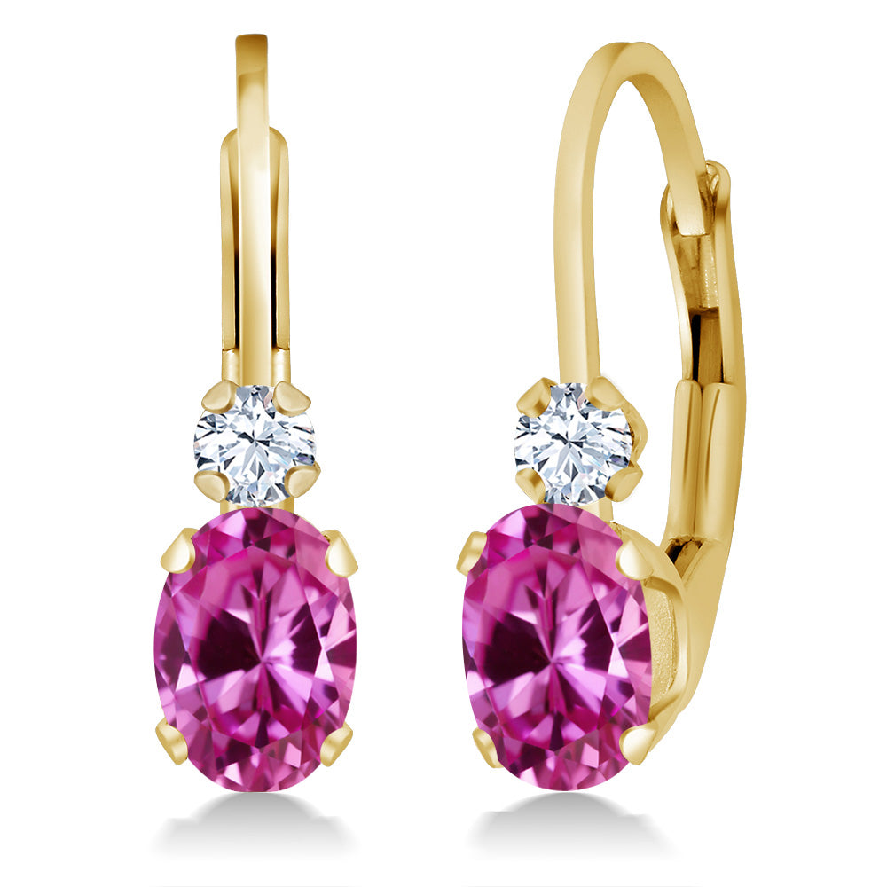 Gem Stone King 14K Yellow Gold Oval Gemstone Birthstone Leverback Earrings for Women | White Created Sapphire Accents | 3/4 Inch | Fine Jewelry Gifts for Mom Wife Her