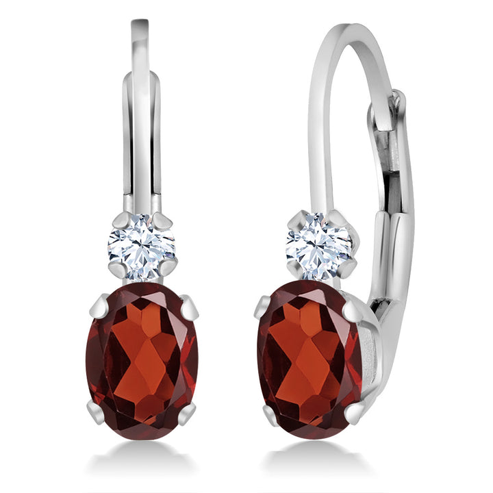 Gem Stone King 14K White Gold Oval Gemstone Birthstone Leverback Earrings For Women | White Created Sapphire Accents | 3/4 Inch | Fine Jewelry Gifts for Mom Wife Her