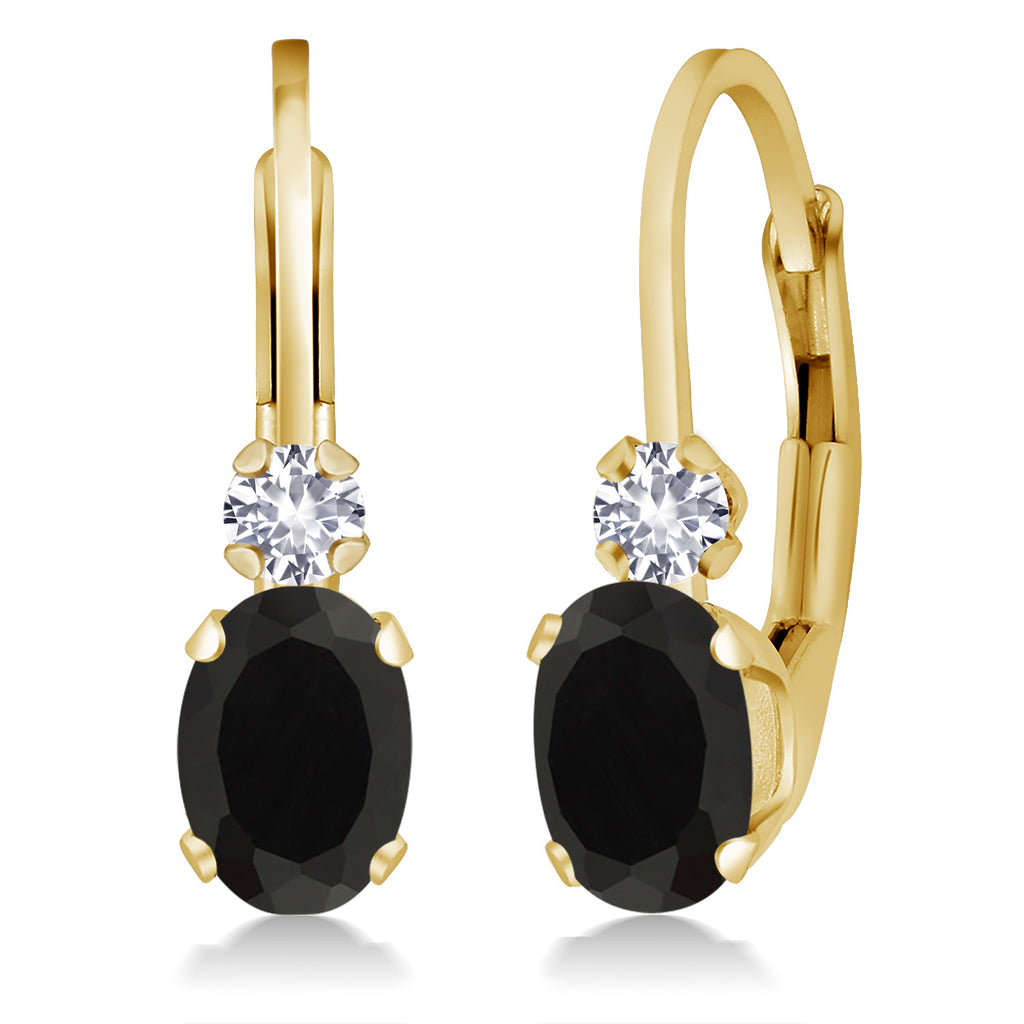 Gem Stone King 14K Yellow Gold Oval Gemstone Birthstone Leverback Earrings for Women | White Created Sapphire Accents | 3/4 Inch | Fine Jewelry Gifts for Mom Wife Her