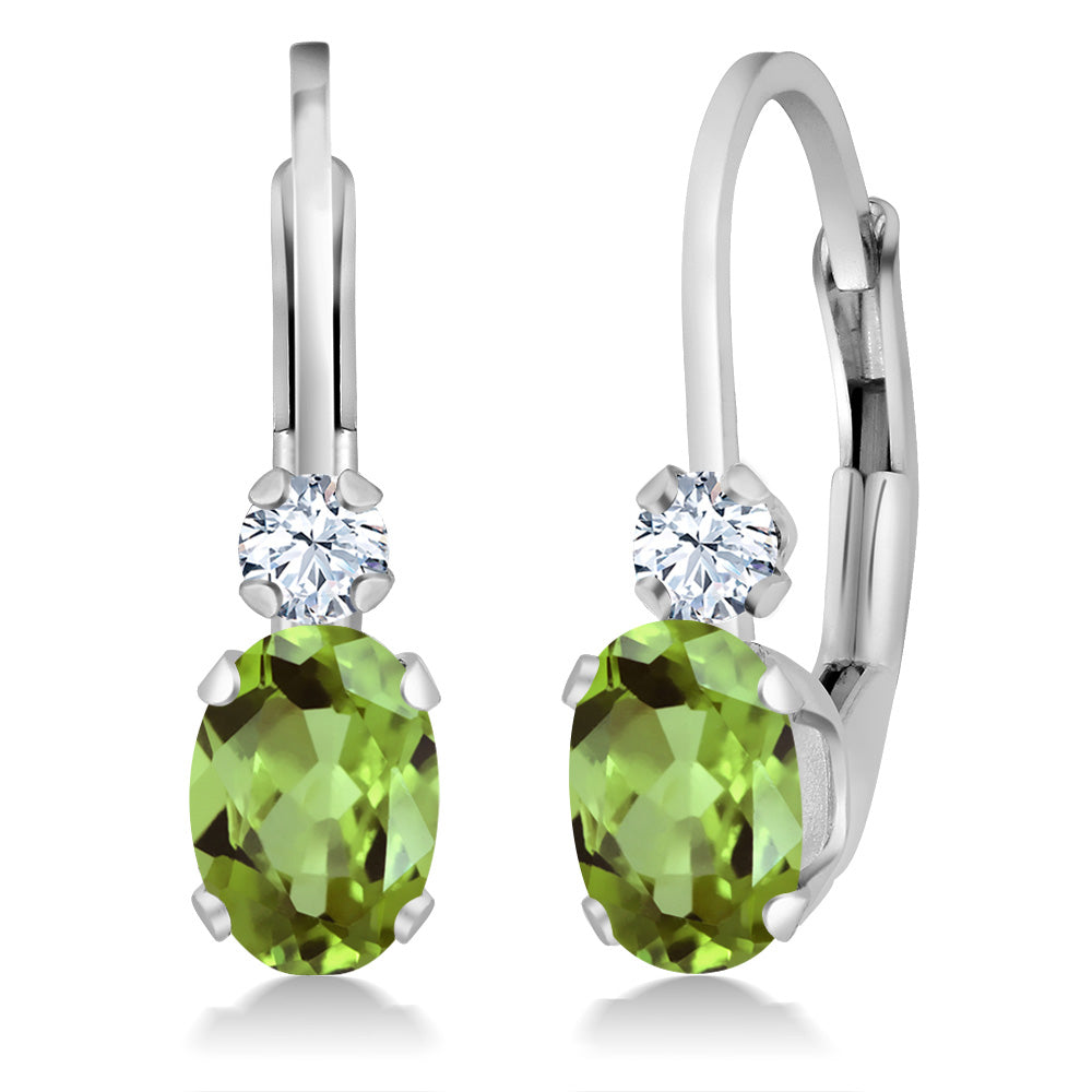 Gem Stone King 14K White Gold Oval Gemstone Birthstone Leverback Earrings For Women | White Created Sapphire Accents | 3/4 Inch | Fine Jewelry Gifts for Mom Wife Her