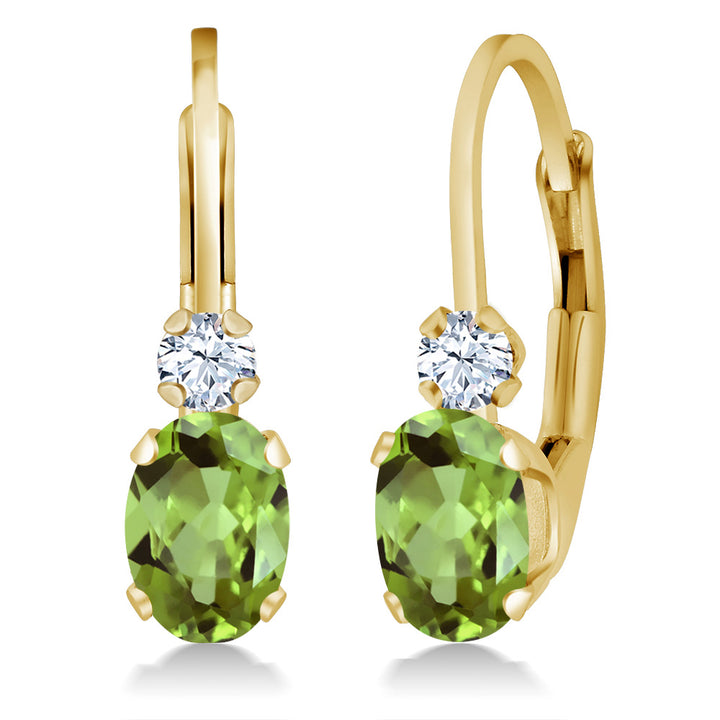 Gem Stone King 14K Yellow Gold Oval Gemstone Birthstone Leverback Earrings for Women | White Created Sapphire Accents | 3/4 Inch | Fine Jewelry Gifts for Mom Wife Her