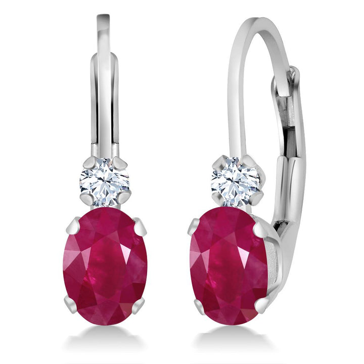 14K White Gold Oval Gemstone Birthstone Leverback Earrings For Women | White Created Sapphire Accents | 3/4 Inch | Fine Jewelry Gifts for Mom Wife Her