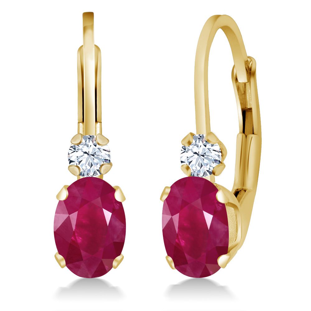 Gem Stone King 14K Yellow Gold Oval Gemstone Birthstone Leverback Earrings for Women | White Created Sapphire Accents | 3/4 Inch | Fine Jewelry Gifts for Mom Wife Her