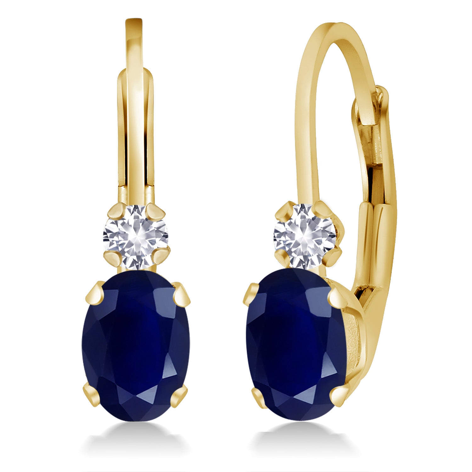 14K Yellow Gold Blue Sapphire and White Created Sapphire Leverback Earrings For Women | 1.18 Cttw | Gemstone September Birthstone | Oval 6X4MM, Round 2MM | 3/4 Inch