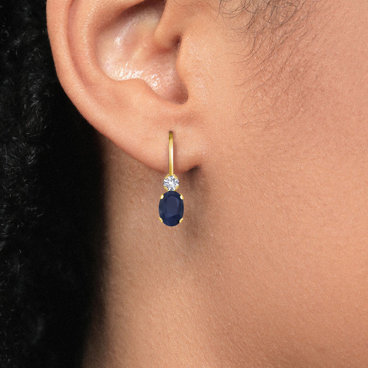 14K Yellow Gold Blue Sapphire and White Created Sapphire Leverback Earrings For Women | 1.18 Cttw | Gemstone September Birthstone | Oval 6X4MM, Round 2MM | 3/4 Inch