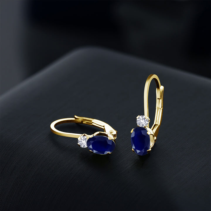 14K Yellow Gold Blue Sapphire and White Created Sapphire Leverback Earrings For Women | 1.18 Cttw | Gemstone September Birthstone | Oval 6X4MM, Round 2MM | 3/4 Inch