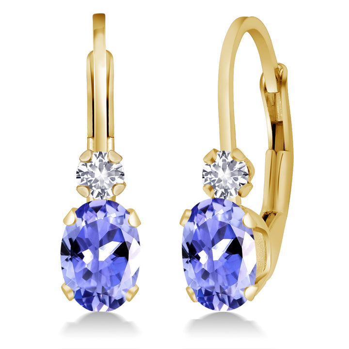 Gem Stone King 14K Yellow Gold Oval Gemstone Birthstone Leverback Earrings for Women | White Created Sapphire Accents | 3/4 Inch | Fine Jewelry Gifts for Mom Wife Her