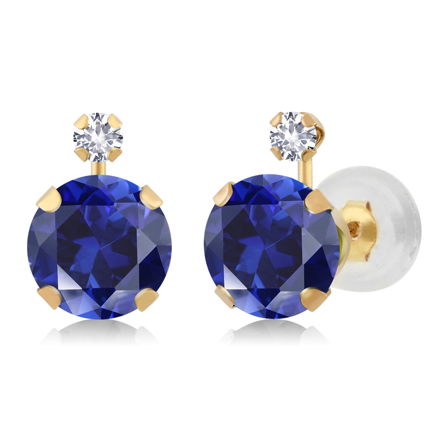 14K Yellow Gold Blue and White Created Sapphire Jewelry Earrings For Women (2.08 Cttw, Round 6MM+2MM)