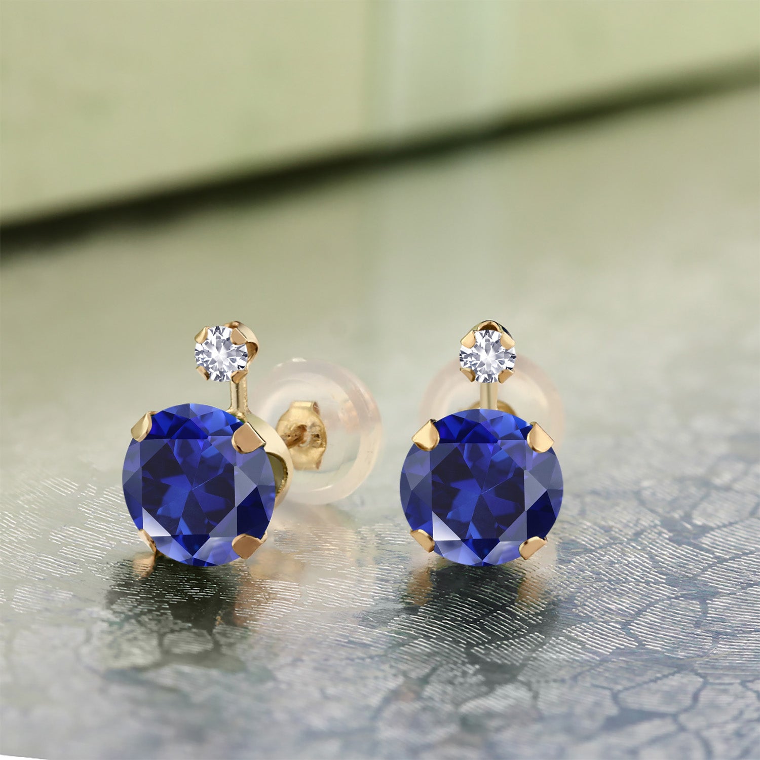 14K Yellow Gold Blue and White Created Sapphire Jewelry Earrings For Women (2.08 Cttw, Round 6MM+2MM)