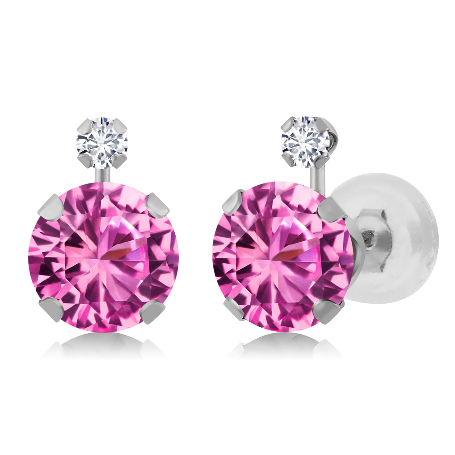 14K White Gold Pink Created Sapphire and White Diamond Earrings For Women (2.07 Ct Round 6MM)