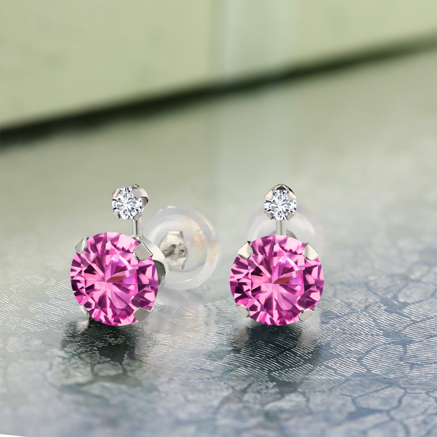 14K White Gold Pink Created Sapphire and White Diamond Earrings For Women (2.07 Ct Round 6MM)