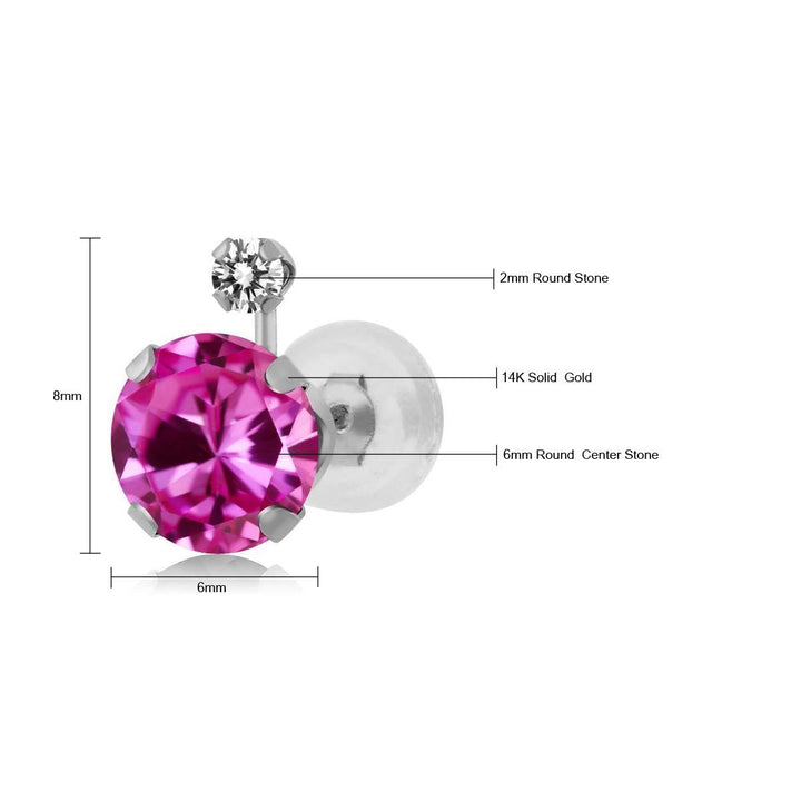 14K White Gold Pink Created Sapphire and White Diamond Earrings For Women (2.07 Ct Round 6MM)