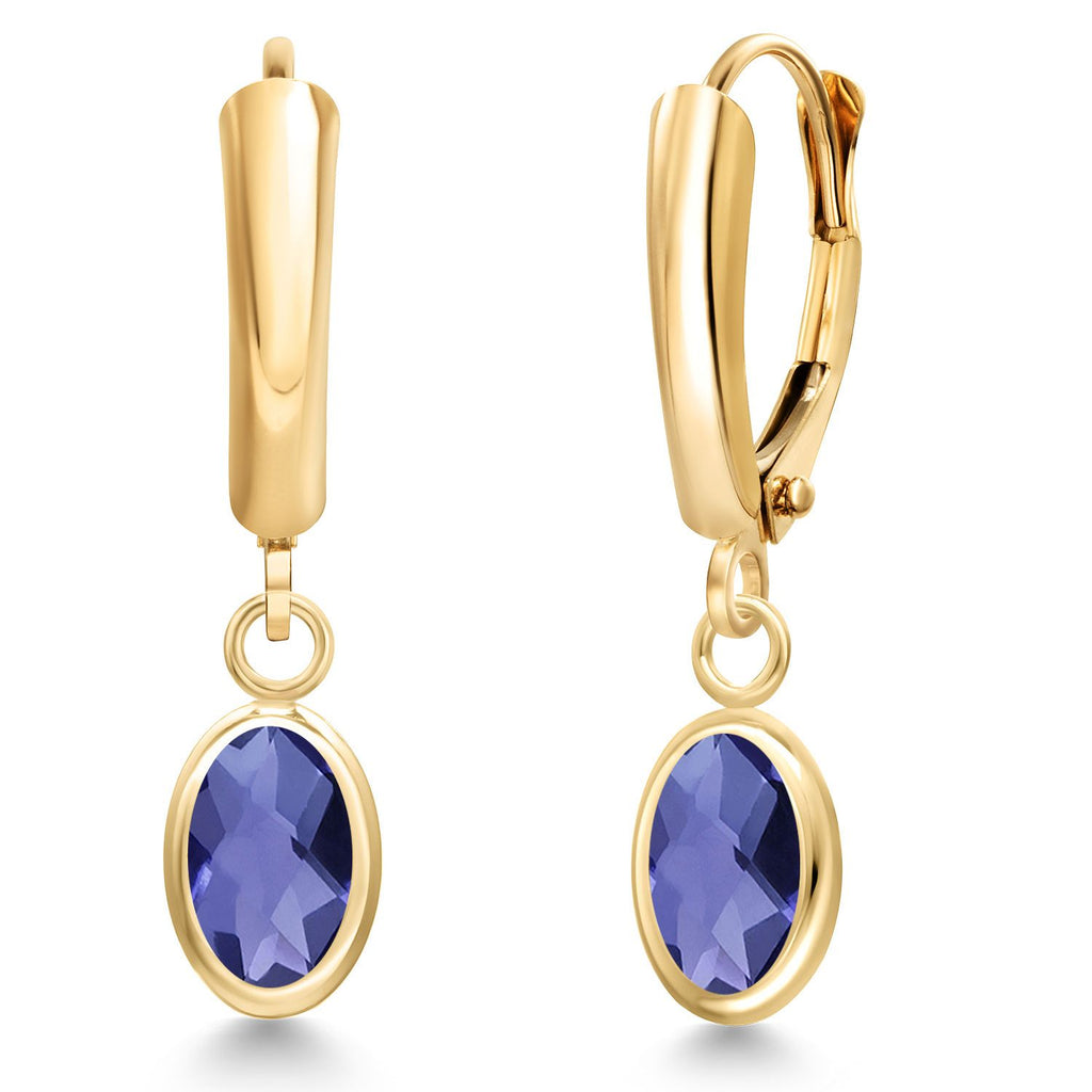 Blue Iolite-Checkerboard_Earrings in 14K Yellow Gold