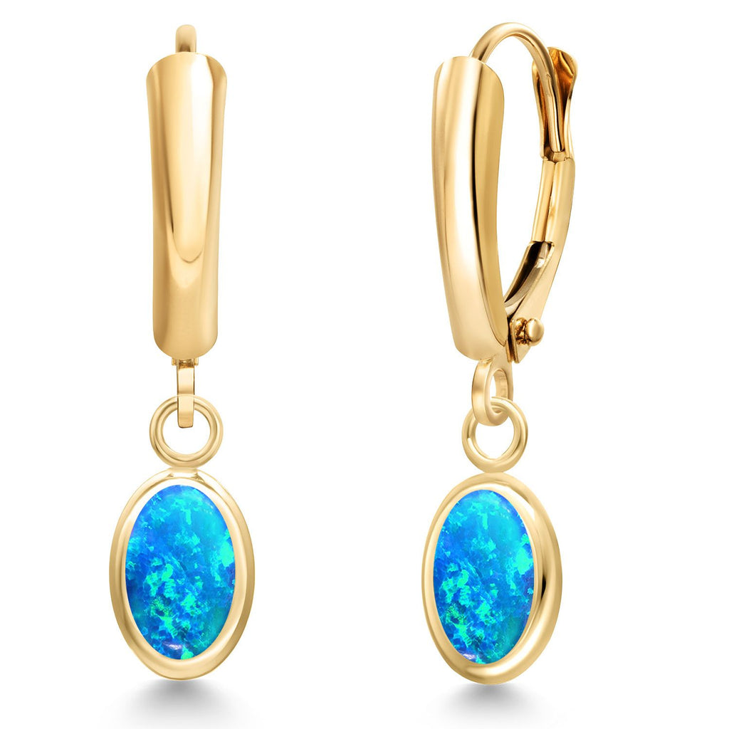 Blue Simulated Opal-Cabochon - October_Earrings in 14K Yellow Gold