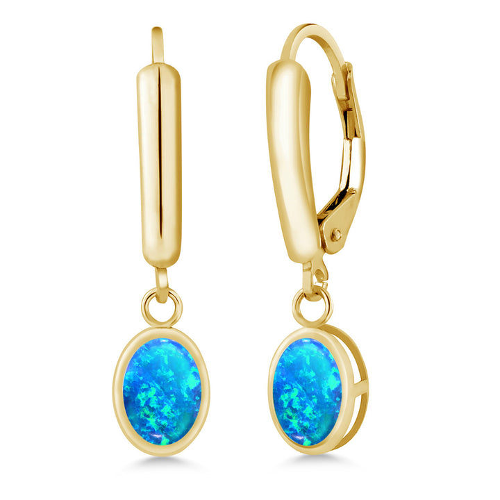 Blue Simulated Opal-Cabochon - October_Earrings in 14K Yellow Gold