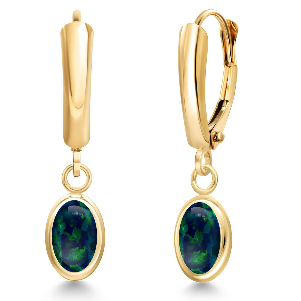 Green Simulated Opal-Cabochon - October_Earrings in 14K Yellow Gold