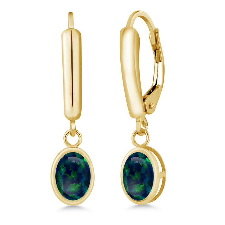 Green Simulated Opal-Cabochon - October_Earrings in 14K Yellow Gold