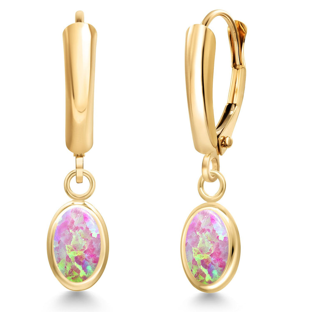 Pink Simulated Opal-Cabochon - October_Earrings in 14K Yellow Gold