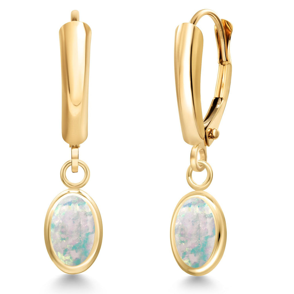 White Simulated Opal-Cabochon - October_Earrings in 14K Yellow Gold