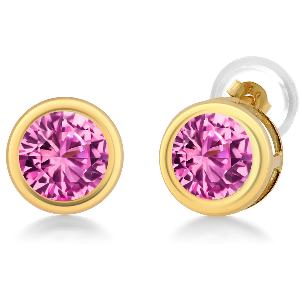 Pink Created Sapphire - September_Earrings in 14K Yellow Gold