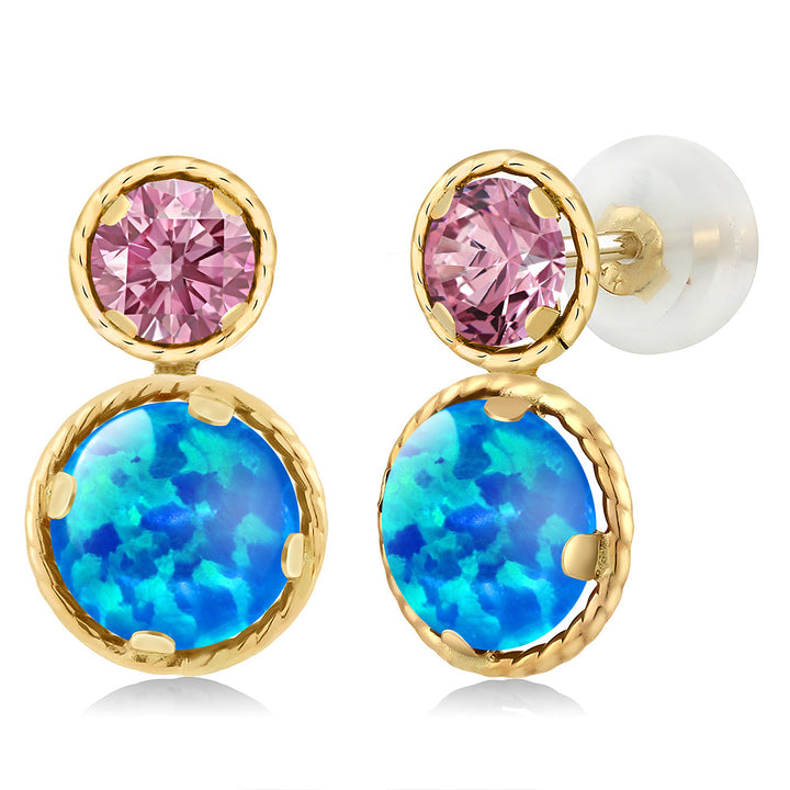 Blue Simulated Opal-Cabochon - October_Earrings in 14K Yellow Gold