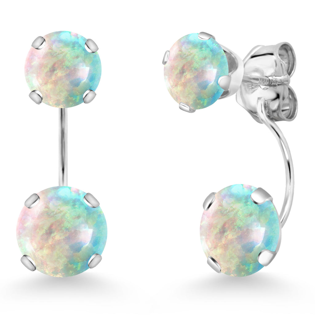 White Simulated Opal-Cabochon - October_Earrings in 14K White Gold