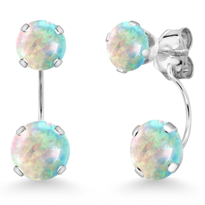 White Simulated Opal-Cabochon - October_Earrings in 14K White Gold
