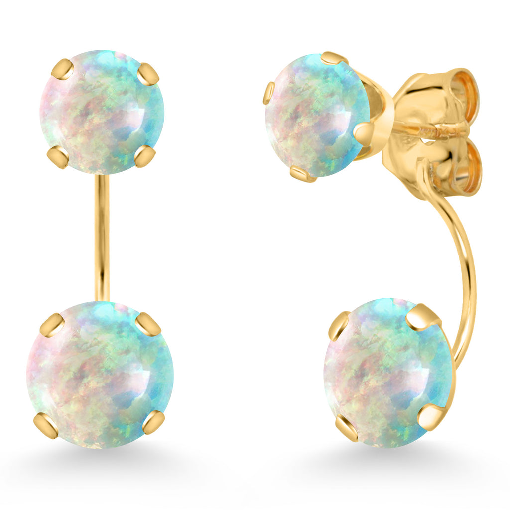 White Simulated Opal-Cabochon - October_Earrings in 14K Yellow Gold