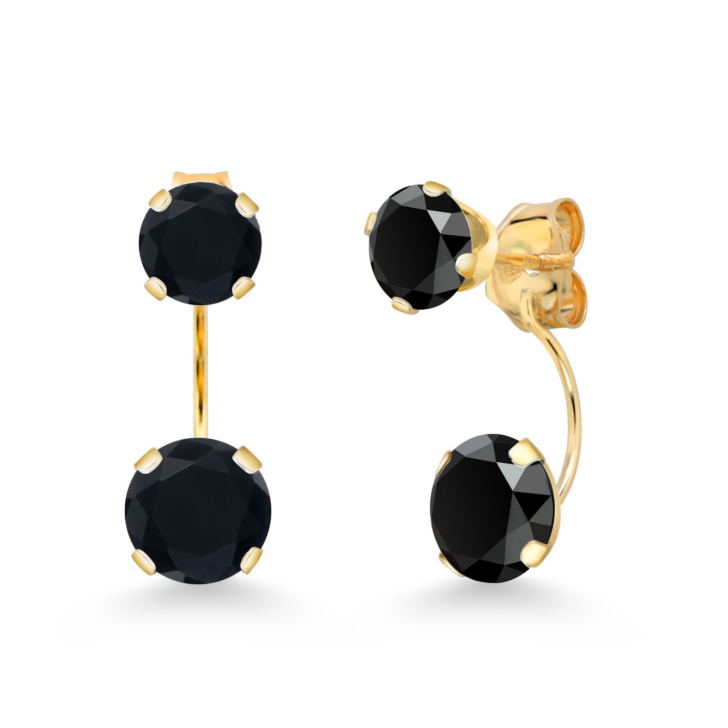 14K Yellow Gold Black Onyx Dual Drop 2 Stone Round Earrings for Women (2.55 Cttw, Gemstone Birthstone, Round 6MM and 5MM)