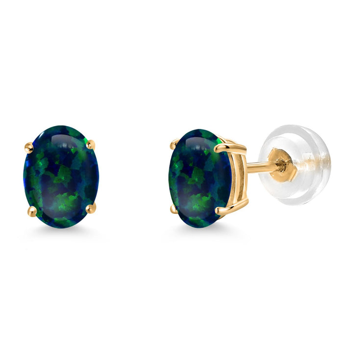 Green Simulated Opal-Cabochon - October_Earrings in 14K Yellow Gold