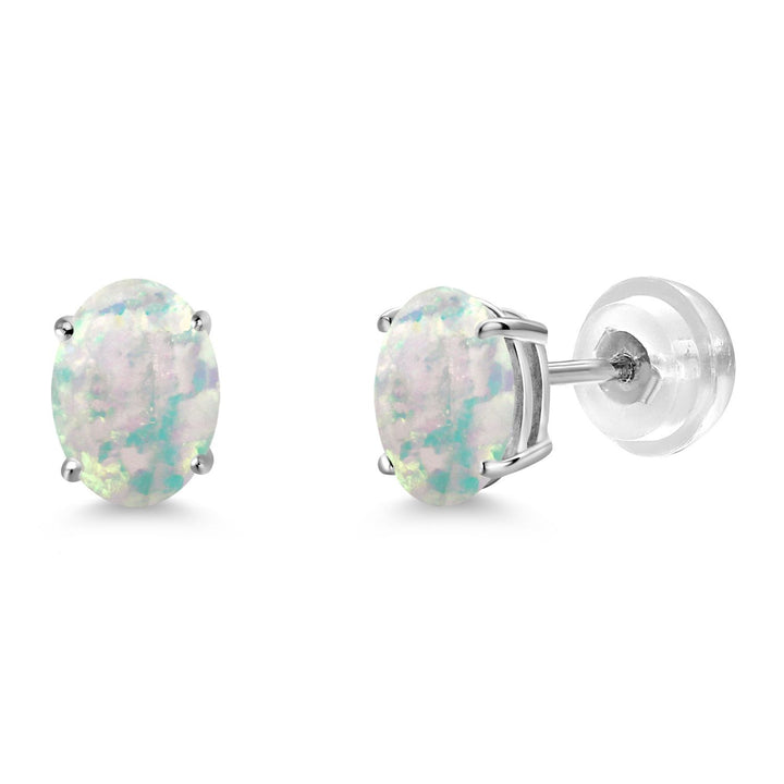 White Simulated Opal-Cabochon - October_Earrings in 14K White Gold