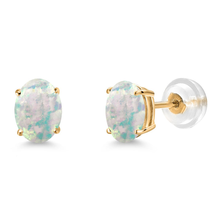White Simulated Opal-Cabochon - October_Earrings in 14K Yellow Gold