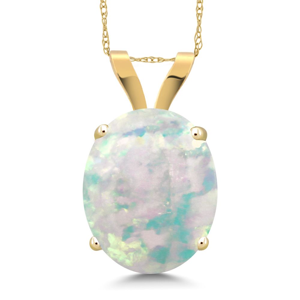 White Simulated Opal-Cabochon - October_Pendant in 14K Yellow Gold