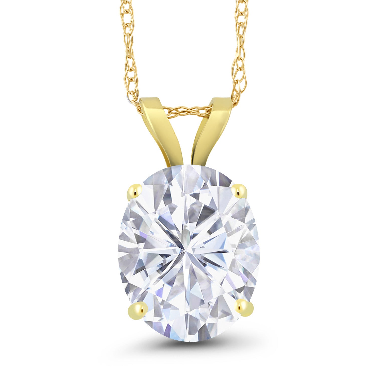 14K Yellow Gold White Moissanite Solitaire Pendant Necklace | 3.00 Cttw | Oval 10X8MM | Gold Earrings For Women | With 18 Inch Chain