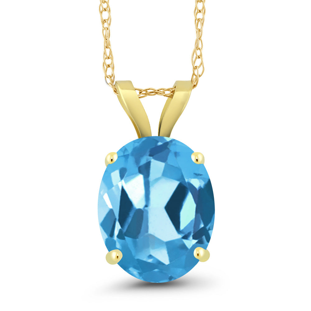 14K Yellow Gold Swiss Blue Topaz Pendant Necklace For Women (2.70 Cttw, Gemstone November Birthstone, Oval 10X8MM, With 18 Inch Chain)