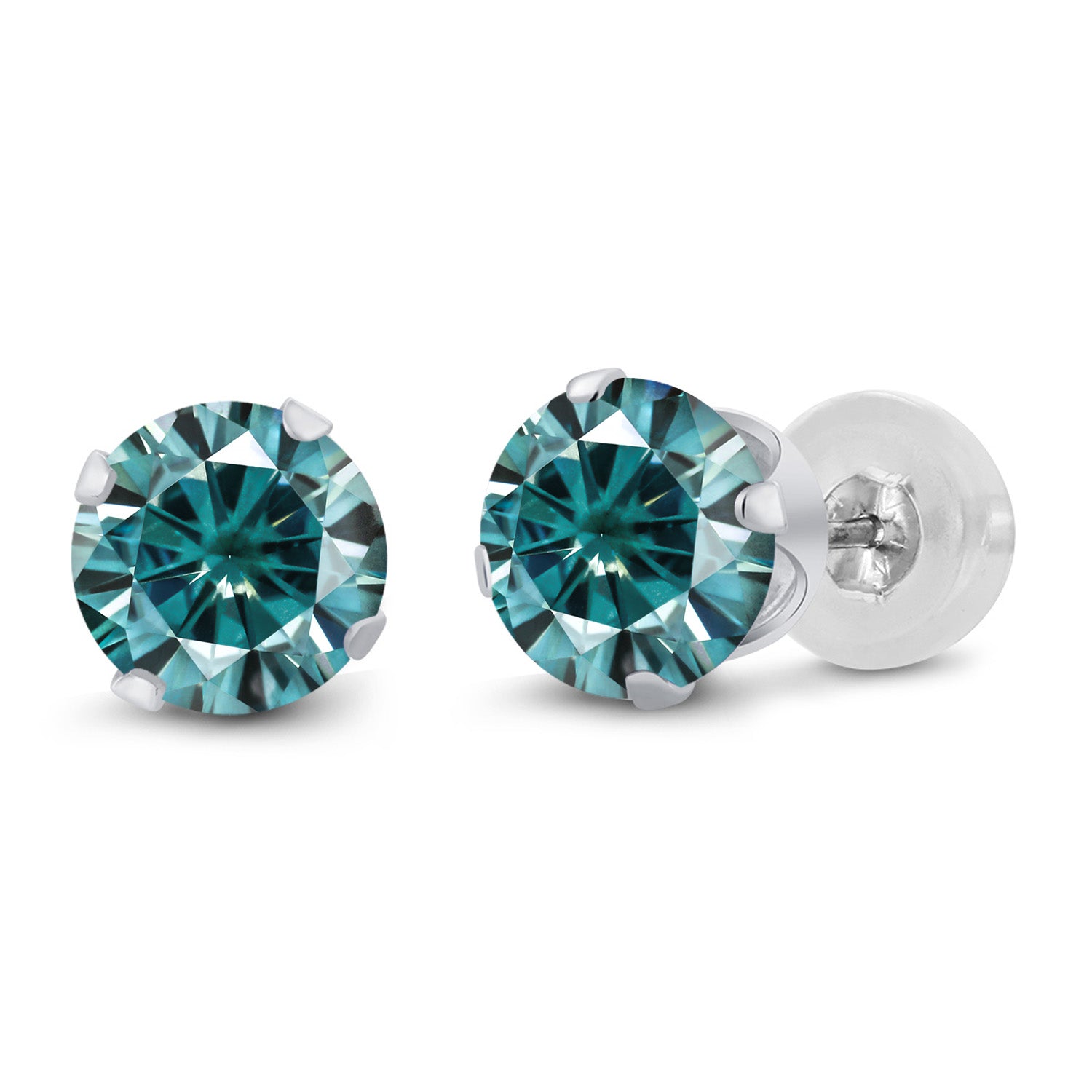 14K White Gold Blue Moissanite Earrings | 2.00 Cttw | Round 6.5MM | Round White Gold Stud Earrings For Women Men