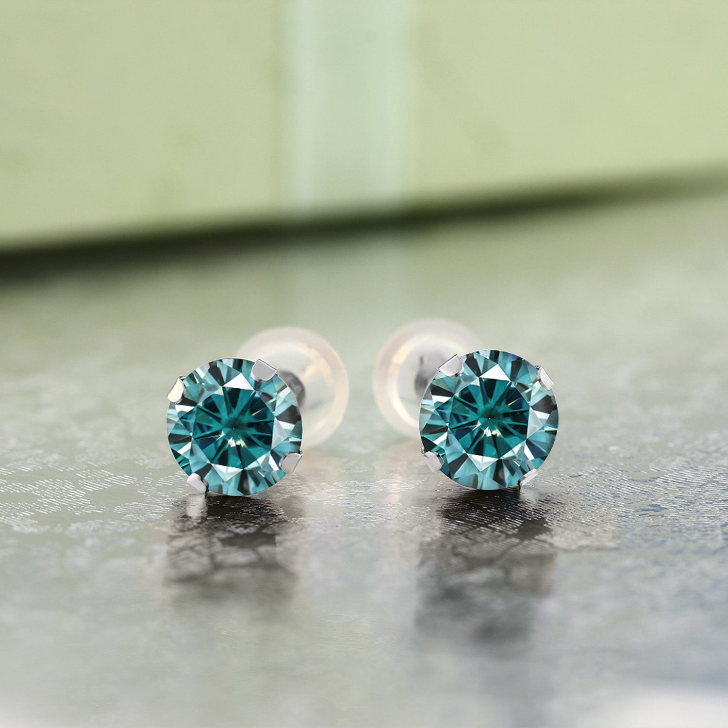 14K White Gold Blue Moissanite Earrings | 2.00 Cttw | Round 6.5MM | Round White Gold Stud Earrings For Women Men